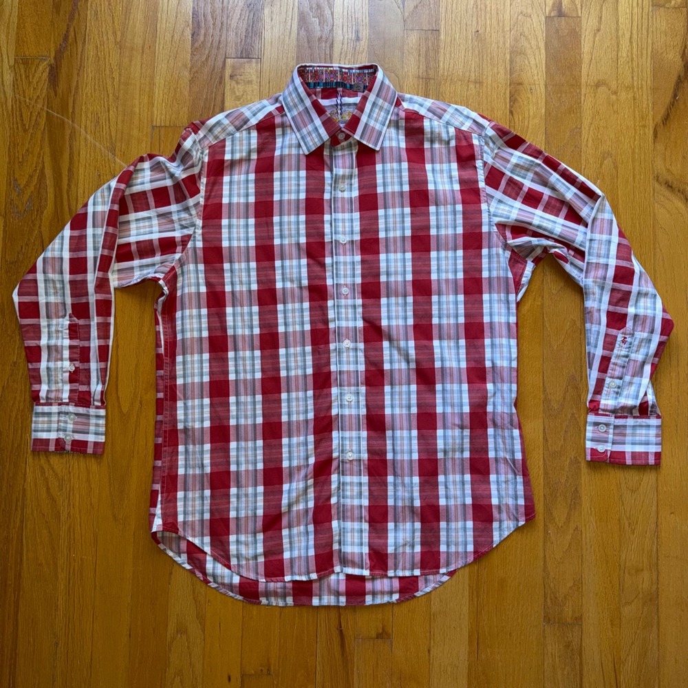 Robert Graham Mens Red Plaid Long Sleeve Button Down Shirt Large Embroidered